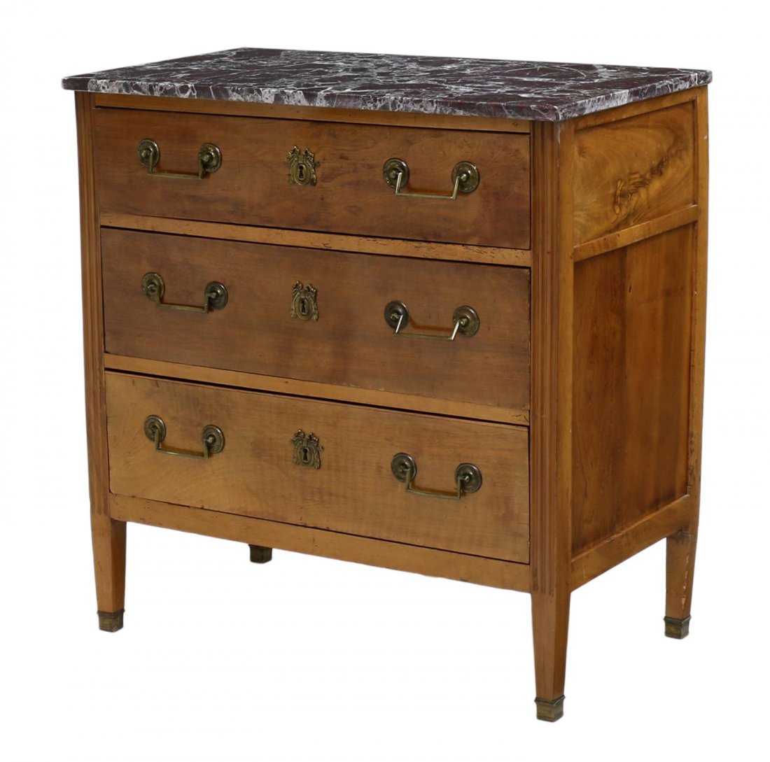 FRENCH LOUIS XVI EARLY 19TH C. COMMODE: French Louis XVI commode, early 19th c., rectangular with a marble top over three drawers, rising on squared tapered legs with brass capped feet, restorations, 35.25"h, 34.25"w, 19.5"d Start Price: $4