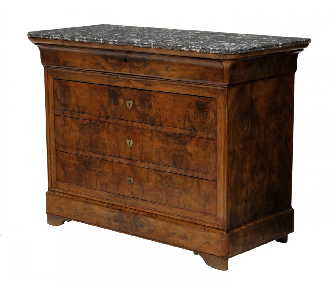 FRENCH CHARLES X MARBLE TOP FOUR DRAWER COMMODE: French Charles X marble top burlwood commode, 19th c., having four drawers, rising on bracket feet, 38.25"h, 50.75"w, 23"d Start Price: $400.00