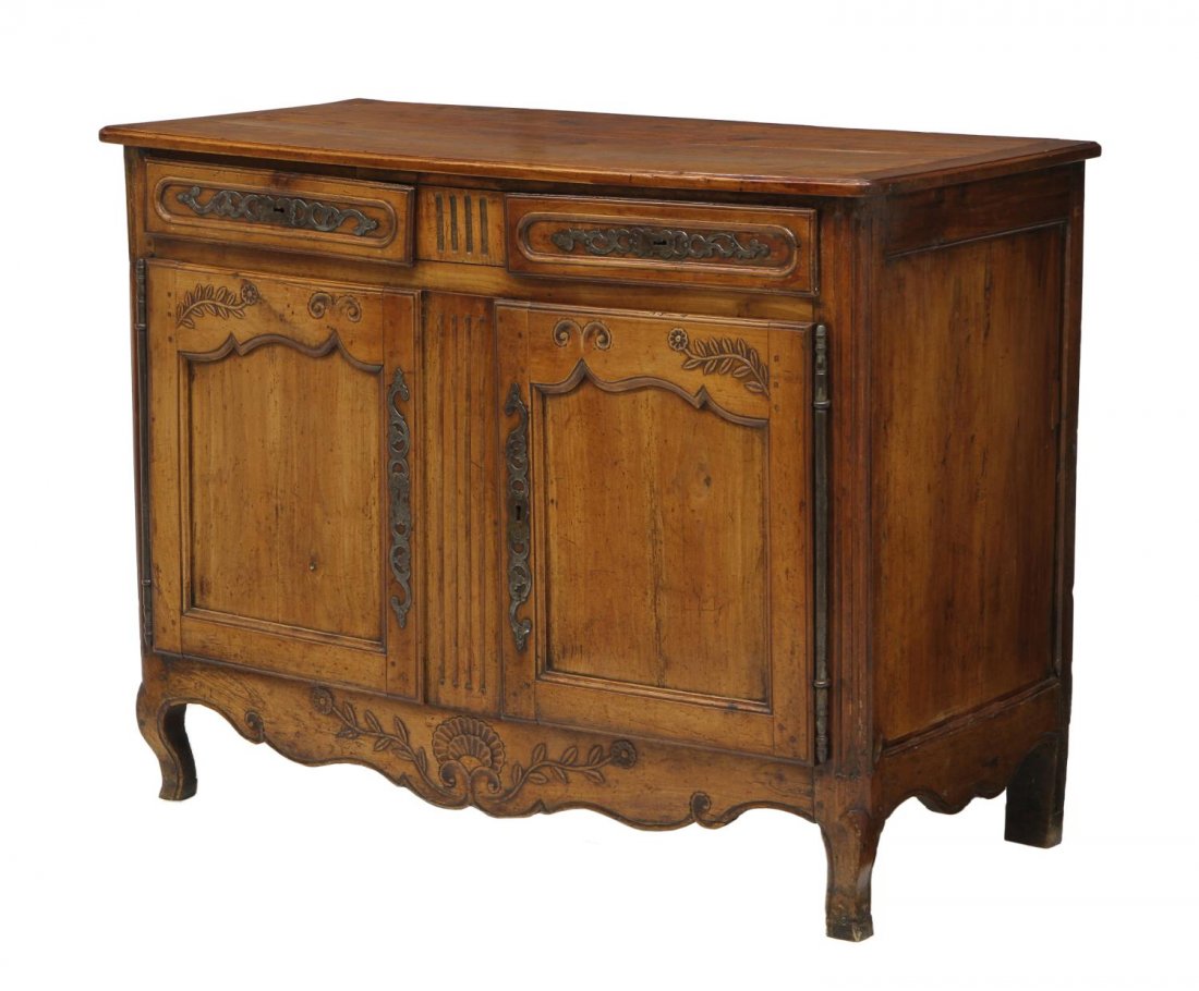 FRENCH PROVINCIAL WALNUT SIDEBOARD, LATE 18TH C.: French Provincial walnut sideboard, late 18th c., a rectangular top over two frieze drawers and two lower doors, all with large scrolled lock plates, the lower doors on long exposed hinges, rising on 