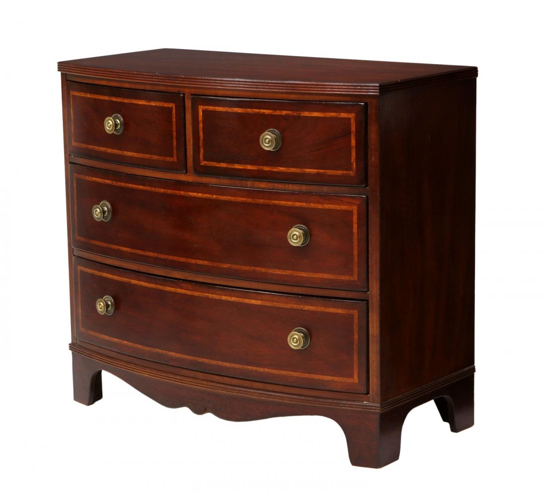 GEORGIAN STYLE MAHOGANY BOW FRONT CHEST: Georgian style mahogany commode, Palmer Home Collection by Lexington Furniture, N.C., the bow front reeded edge top over two short drawers with two lower long drawers, each with banded inlay, rising o