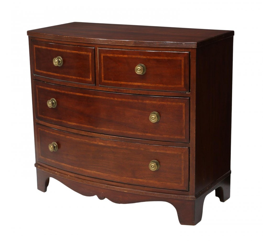 GEORGIAN STYLE MAHOGANY BOW FRONT CHEST: Georgian style mahogany commode, Palmer Home Collection by Lexington Furniture, N.C., the bow front reeded edge top over two short drawers with two lower long drawers, each with banded inlay, rising o