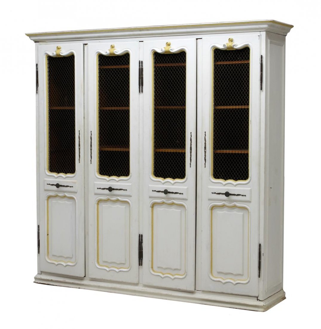ITALIAN PAINTED LINEN CABINET: Italian painted linen cabinet, 20th c., having a stepped cornice over four screened and paneled doors opening to numerous shelves, rising on a stepped base, 81"h, 83"l, 19.5"d Start Price: $250.00