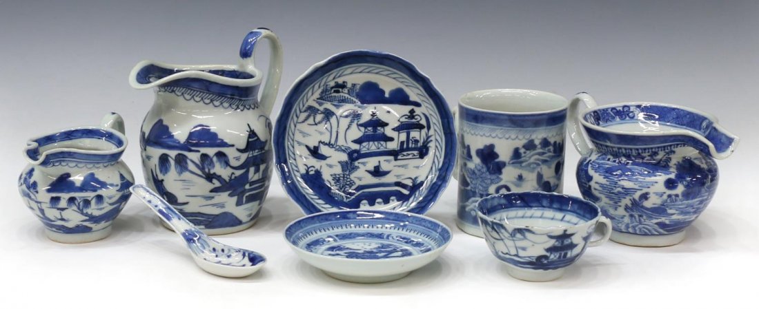 (8)CHINESE EXPORT BLUE AND WHITE PORCELAIN WARE: (lot of 8) Chinese underglaze blue and white porcelain tableware, comprising: (5) Canton ware, each having river scene with pagoda and figures, border having 'rain and cloud' motif, chipping to rim, (