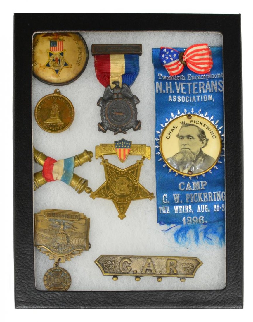 (8) GAR CIVIL WAR AND RELATED COLLECTIBLES: (lot of 8) Grand Army of of the Republic items housed in a Rikers box: (1) New Hampshire, Twentieth Encampment, 1896, circular photo of Charles. W. Pickering on blue ribbon with US flag at top; (1) lo