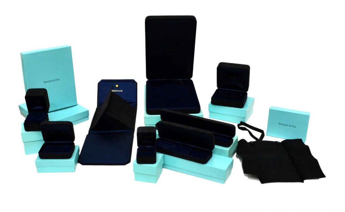 (15) TIFFANY & CO. JEWELRY PRESENTATION BOXES: (lot of 15) Tiffany & Co jewelry presentation boxes including, ring, watch, pen, bracelet and necklace boxes, all black with Tiffany & Co marked at interior, all housed in Tiffany & Co. blue boxes, 6.