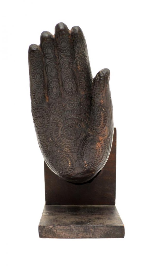 THAI BRONZE BUDDHIST 'PROTECTION' HAND: Thai mudra bronze Buddhist hand, a Protection gesture, mounted on a wood form, 9"h, 8.5"w, 3.75"d, 3.5lbs Start Price: $50.00