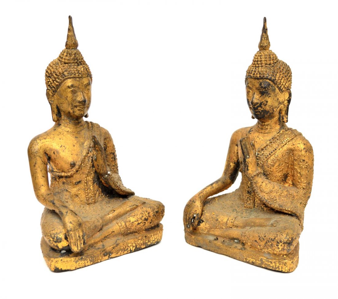 (2) ANTIQUE THAI GILT BRONZE SEATED BUDDHAS: (lot of 2) Antique Thai gilt bronze Buddha figures in a seated position, gilt finish loss, each: 10"h, 5"w, 3.75"d, total: 8lbs Start Price: $200.00