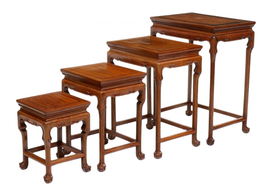 (4) CHINESE BALL & CLAW FOOT NESTING TABLES: (set of 4) Chinese carved nest of four tables, the top of each over a scroll accented apron, rising on thin legs ending in a ball and talon feet, joined by stretchers, approx 22"h, 16.75"w, 12.75"d St