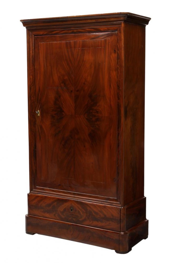 SPANISH MAHOGANY ARMOIRE: Mahogany armoire, Spain, 19th c., a stepped cornice over the single door opening to interior storage, two lower drawers, one appearing as trim, 76"h, 42"w, 19"d Start Price: $150.00