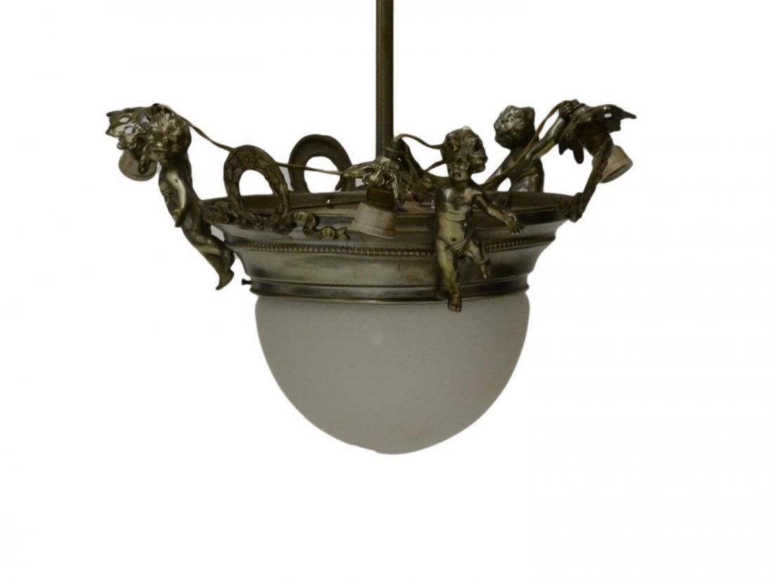 CONTINENTAL SILVERED METAL & GLASS CHANDELIER: Continental silver tone metal and glass four- light chandelier, 20th c., standard holding a ring with three cupid figures in the round holding light holders, center drop dome glass shade enclosing one
