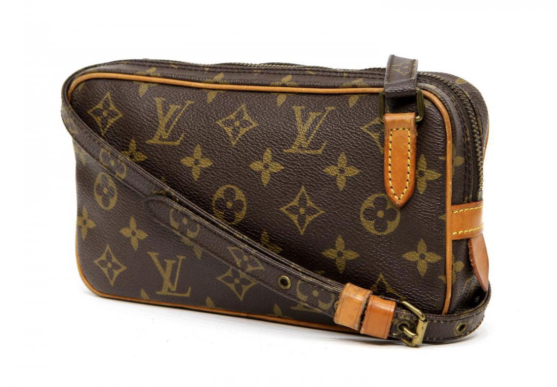 LOUIS VUITTON MONOGRAM MARLY BANDOULIERE BAG: Louis Vuitton "Marly Bandouliere" monogram canvas crossbody bag, single adjustable strap with shoulder pad, gold tone hardware, zipper top opens to brown coated canvas interior, patination, minor wear