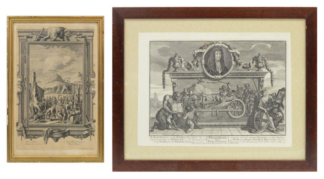 (2) HOGARTH & HEUMAN CONTINENTAL PRINTS: (lot of 2) Continental art prints: (1) Homage to Samuel Butler, Hogarth (William Hogarth 1697-1764), sight: 11.25"h, 15.25"w, overall: 16.5"h, 20.5"w; (1) German print, Animalia Munda, Heuman (Georg D