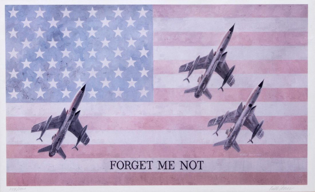 KEITH FERRIS LIMITED AIR FORCE & FLAG PRINT: Framed limited edition print, "Forget Me Not", #224 of 1000, pencil signed lower right Keith Ferris (American, b. 1929), Certificate of Authenticity and artist statement on verso, sight: 15"h, 24"w, o