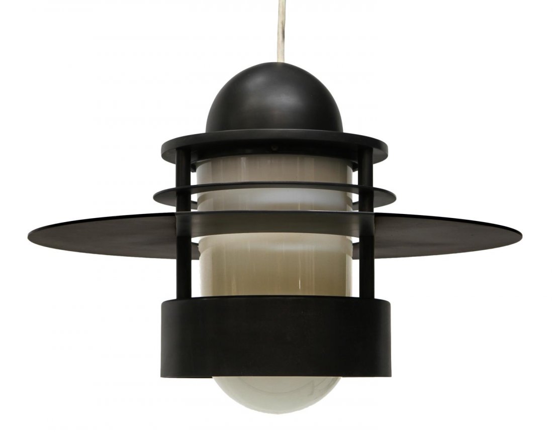 DANISH MODERN JENSEN ALBERTSLUND PENDANT LAMP: Planet of Albertslund pendant lamps,1963 design by Jens-Moller Jensen for Louis Poulsen, an ebony finish, approx: 13.5:h, 19.5"diameter, 10.75lbs Start Price: $100.00