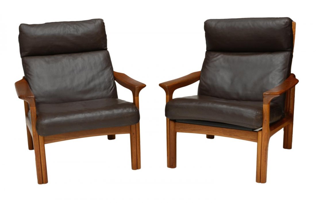 (2)DANISH MID-CENTURY MODERN TEAKWOOD ARMCHAIR: (pair) Danish mid-century modern teakwood arm chair, removable brown leather back and seat cushion, approx 35.5"h, 29"w, 31"d Start Price: 300.00