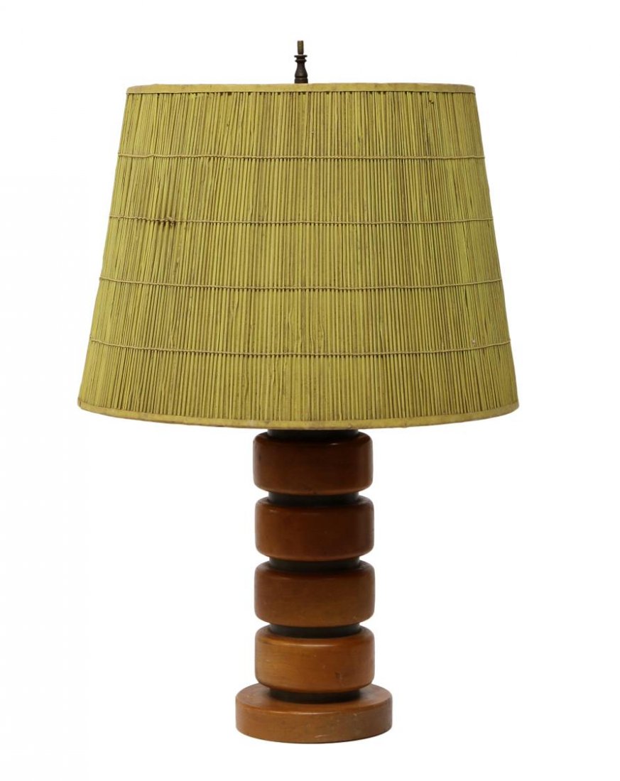 MAPLE & STEEL TABLE LAMP ATTRIB. TO RUSSELL WRIGHT: Table lamp with reed shade, design attributed to Russel Wright, stacked rings of maple and steel, shade: 10.25"h, 14.5"w, lamp to bulb top: 18"h, 5.25" diameter base Start Price: $60.00