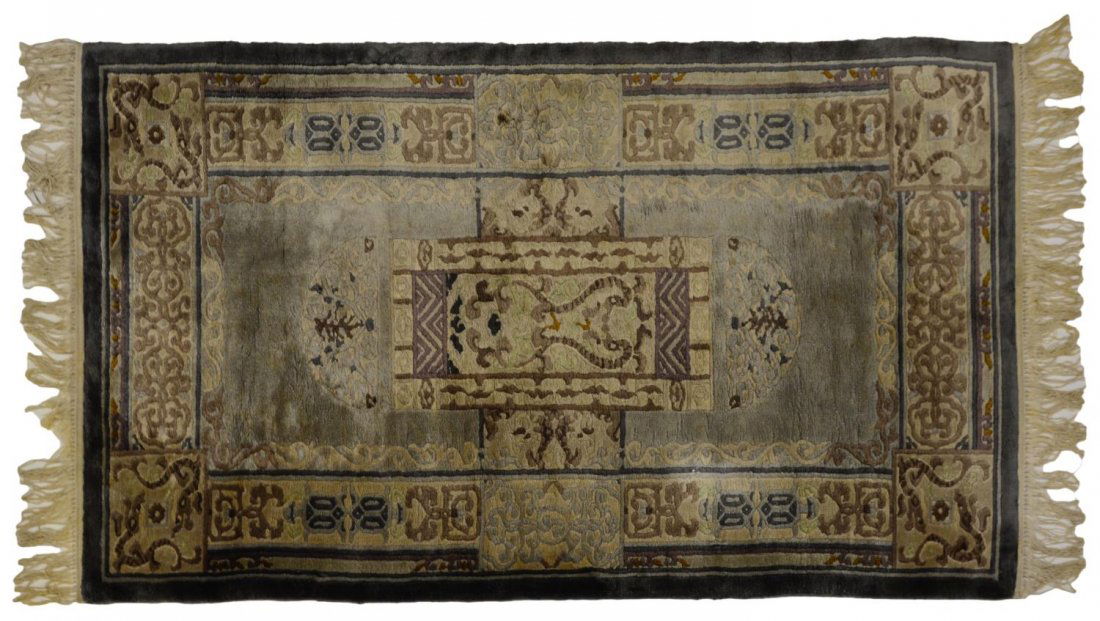 CHINESE HAND WOVEN SILK RUG, 4' x 2' (1 of 4)