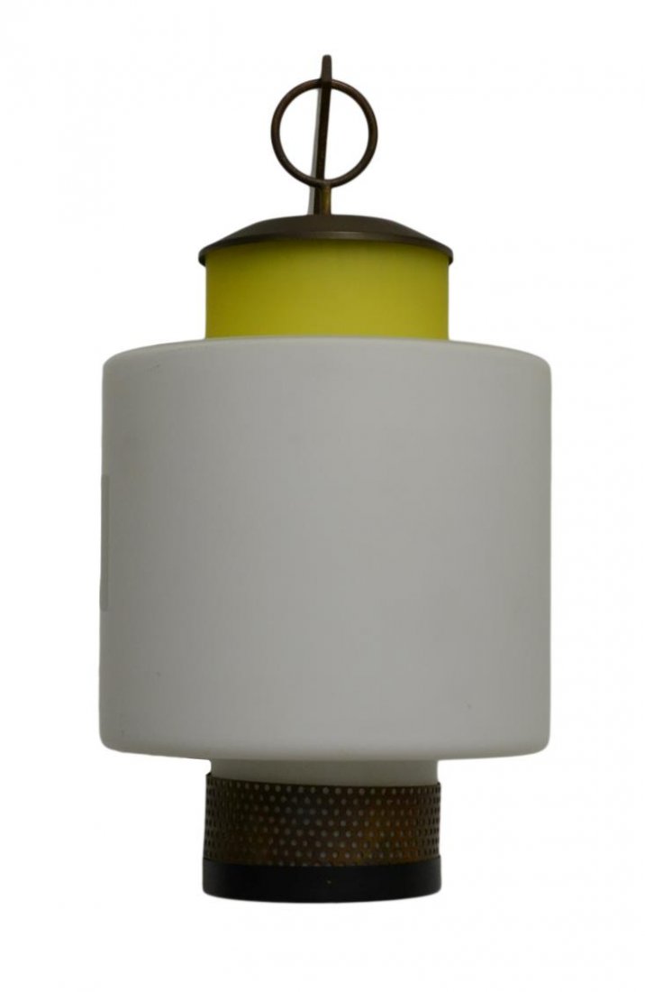 CONTINENTAL BRASS & GLASS HANGING LANTERN: Continental brass and glass single light hanging wall lantern, 20th c., pierced metal base under frosted white body, yellow glass top with brass hoop, resting on brass wall hook, approx 16"h, 7lbs Sta