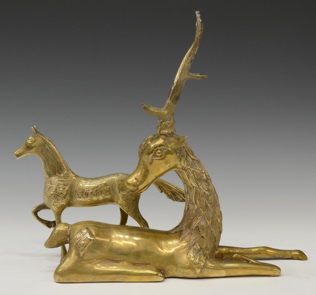 (2) GILT BRASS RECUMBENT DEER & PRANCING HORSE (1 of 5)