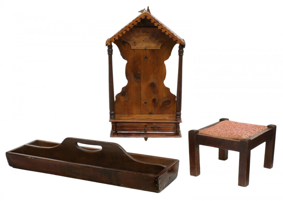 (3) PRIMITIVE PINE WORK TRAY, WALL NICHE, STOOL (1 of 5)