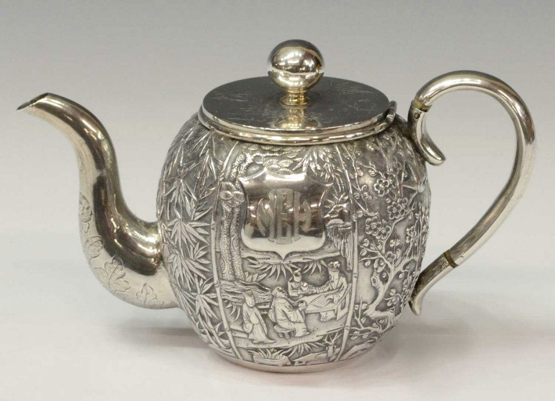 SCARCE GEM WO 19TH C CHINESE EXPORT SILVER TEAPOT (1 of 7)