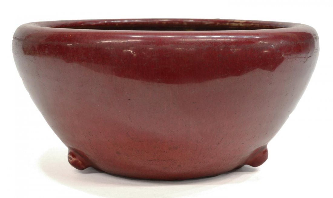 CHINESE SANG DE BOEUF INCENSE BOWL, 19TH C.: Chinese Sang De Boeuf porcelain incense bowl, 19th c., base retaining tag, approx 5"h, 10.5"w, 5lbs Start Price: $100.00