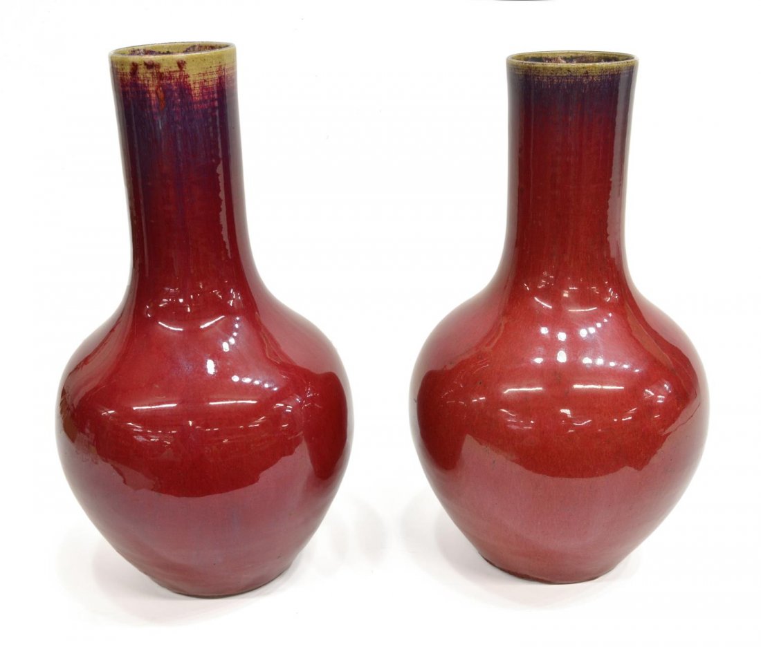(2) CHINESE FLAMBE PORCELAIN BOTTLE NECK VASES (1 of 3)