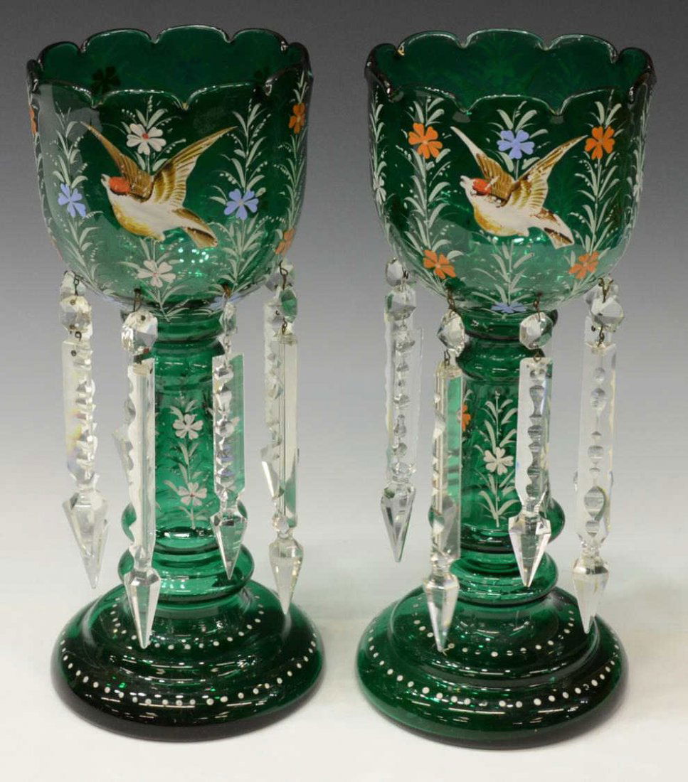 (2) VICTORIAN ENAMELED GLASS MANTLE LUSTERS: (pair) Large Victorian enameled green glass mantle lustres, polychrome flowering vines and songbirds on each hung with varied prisms, some loss to prisms, 13.5"h, 5.5lbs total Start Price: $100.00