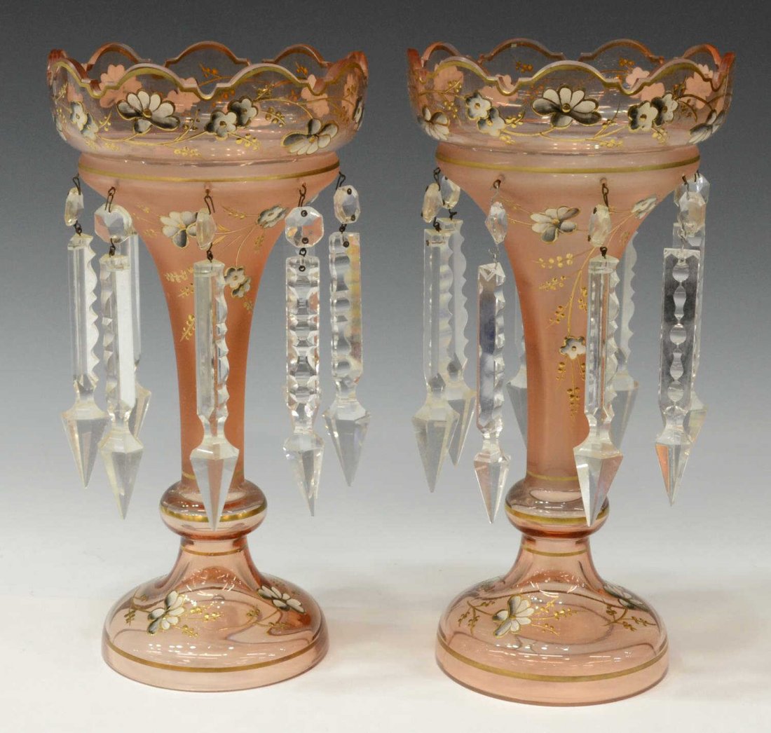 (2) VINTAGE GILT ENAMELED GLASS MANTLE LUSTRES: (pair) Vintage parcel gilt enameled glass mantle lusters, light pink glass painted with flowering stalks, the base of each with cut out for cord, 12"h, 5.25lbs Start Price: $80.00