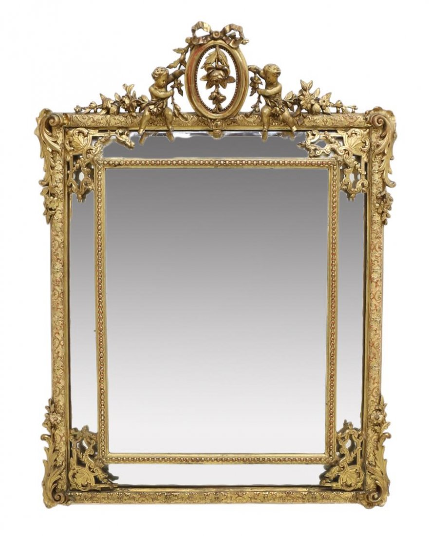LARGE FRENCH GILTWOOD CUPID FESTOON WALL MIRROR (1 of 3)