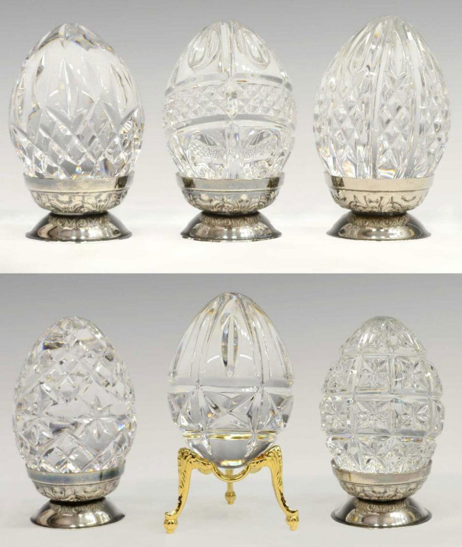 (6) COLLECTION WATERFORD CRYSTAL EGGS ON STANDS