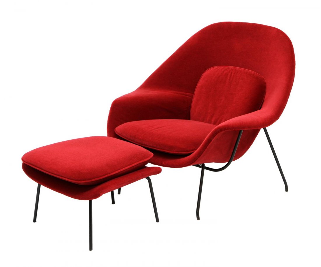 (2) EERO SAARINEN WOMB CHAIR & OTTOMAN, FOR KNOLL: Mid-century modern "Womb Chair" and ottoman, 1946 design by Eero Saarinen (Finnish, American, 1910-1961) for Knoll Associates, finished in red fabric, rising on black steel supports, 36"h, 40.5"w, 37"