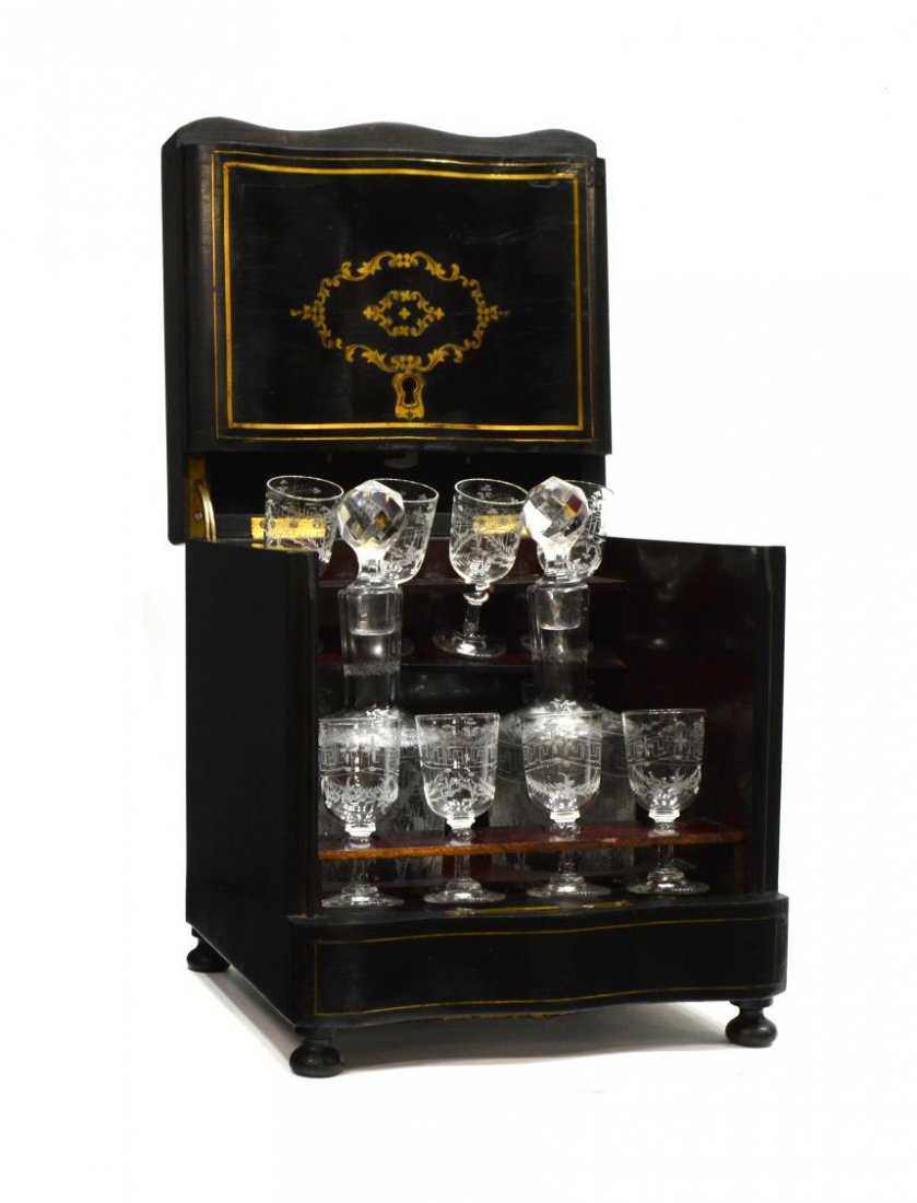 19TH C. CONTINENTAL MARQUETRY TANTALUS LIQUEUR SET (1 of 6)