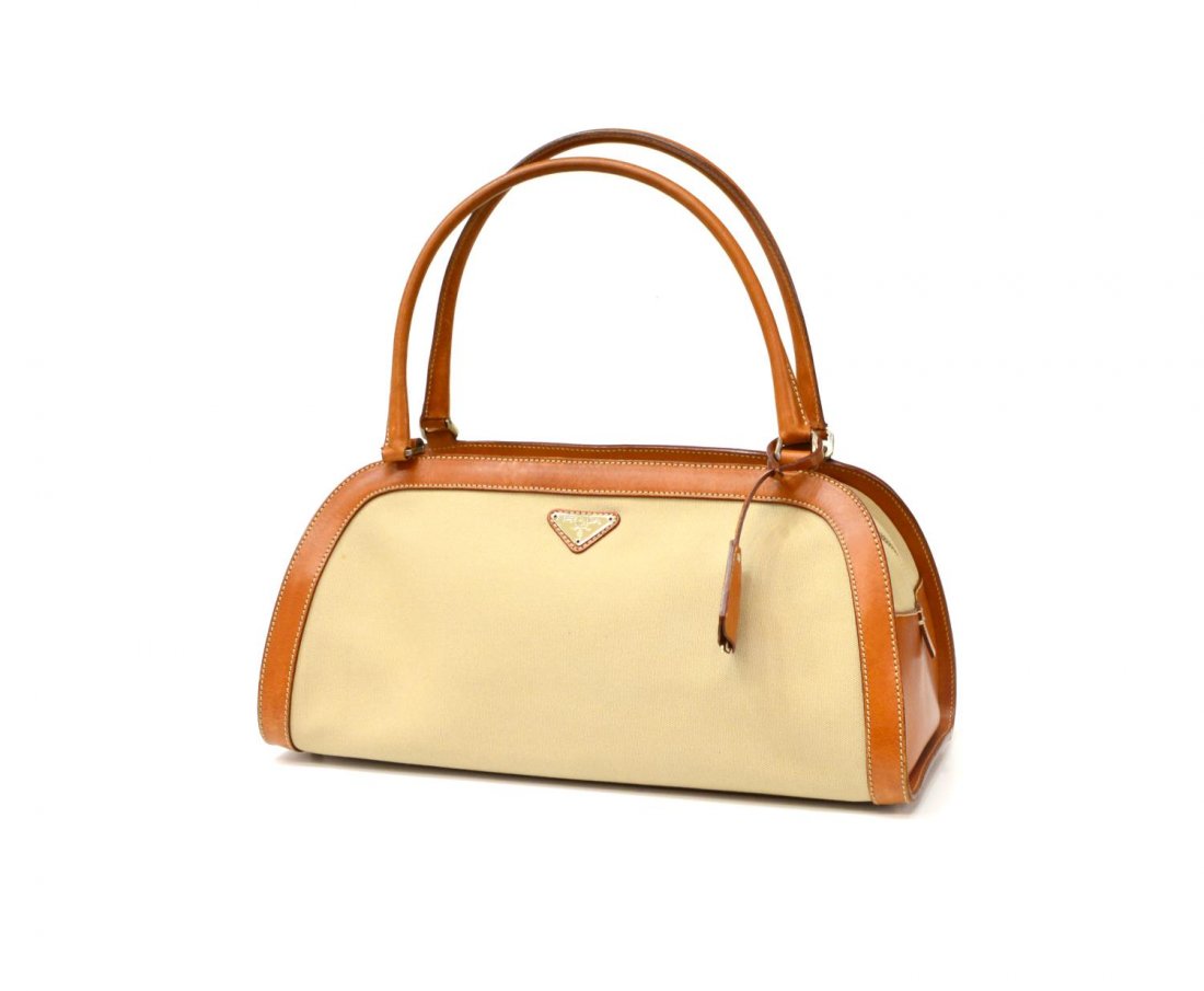 PRADA TAN CANVAS & LEATHER HANDBAG (1 of 5)