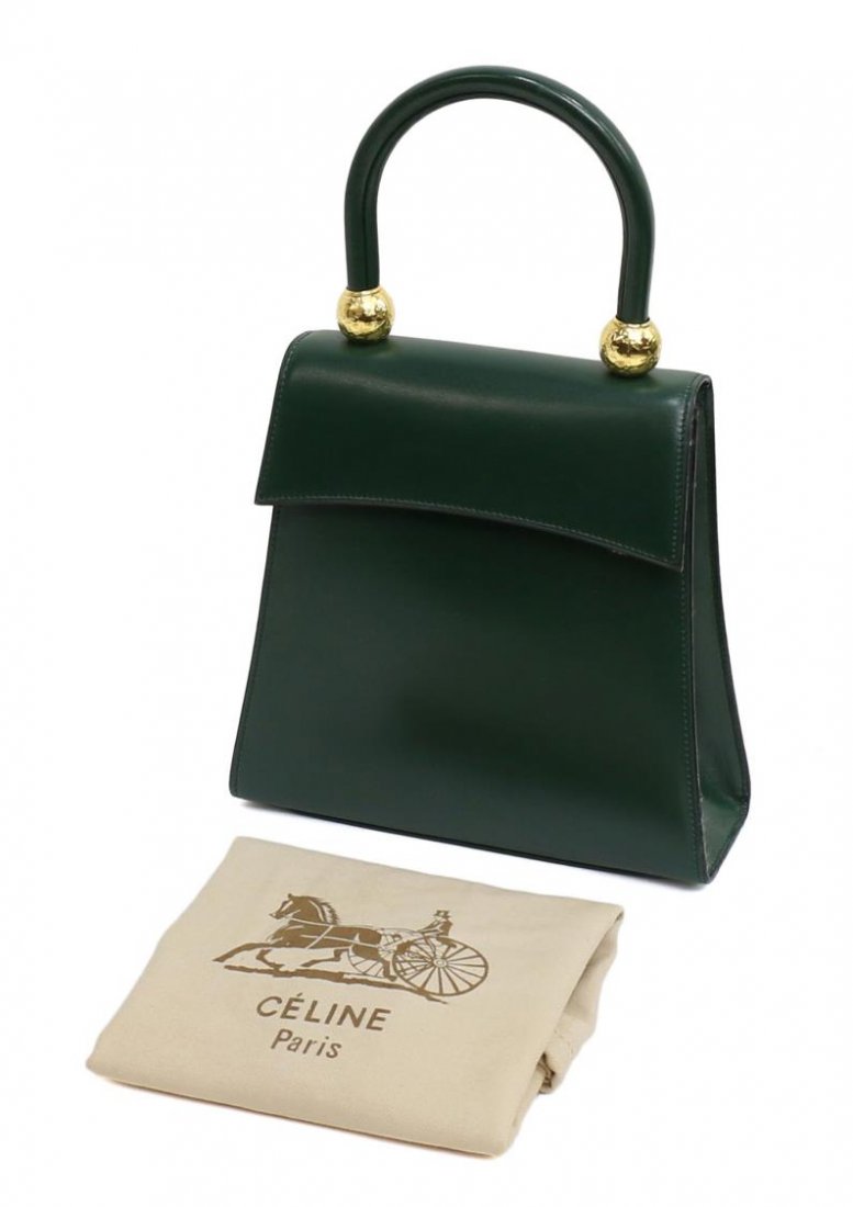 VINTAGE CELINE PARIS DARK GREEN LEATHER HANDBAG (1 of 6)