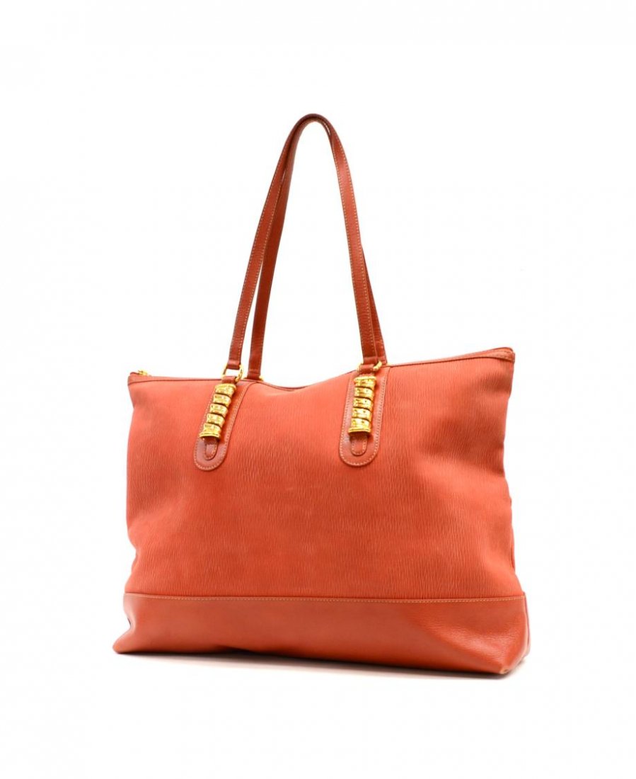 LARGE LOEWE RED LEATHER LINED TOTE BAG: Loewe large tote bag in red leather with two straps, gold tone hardware, zip top opens to logo pattern cloth interior featuring single zip pocket, minor surface wear to exterior, no code located, bag: