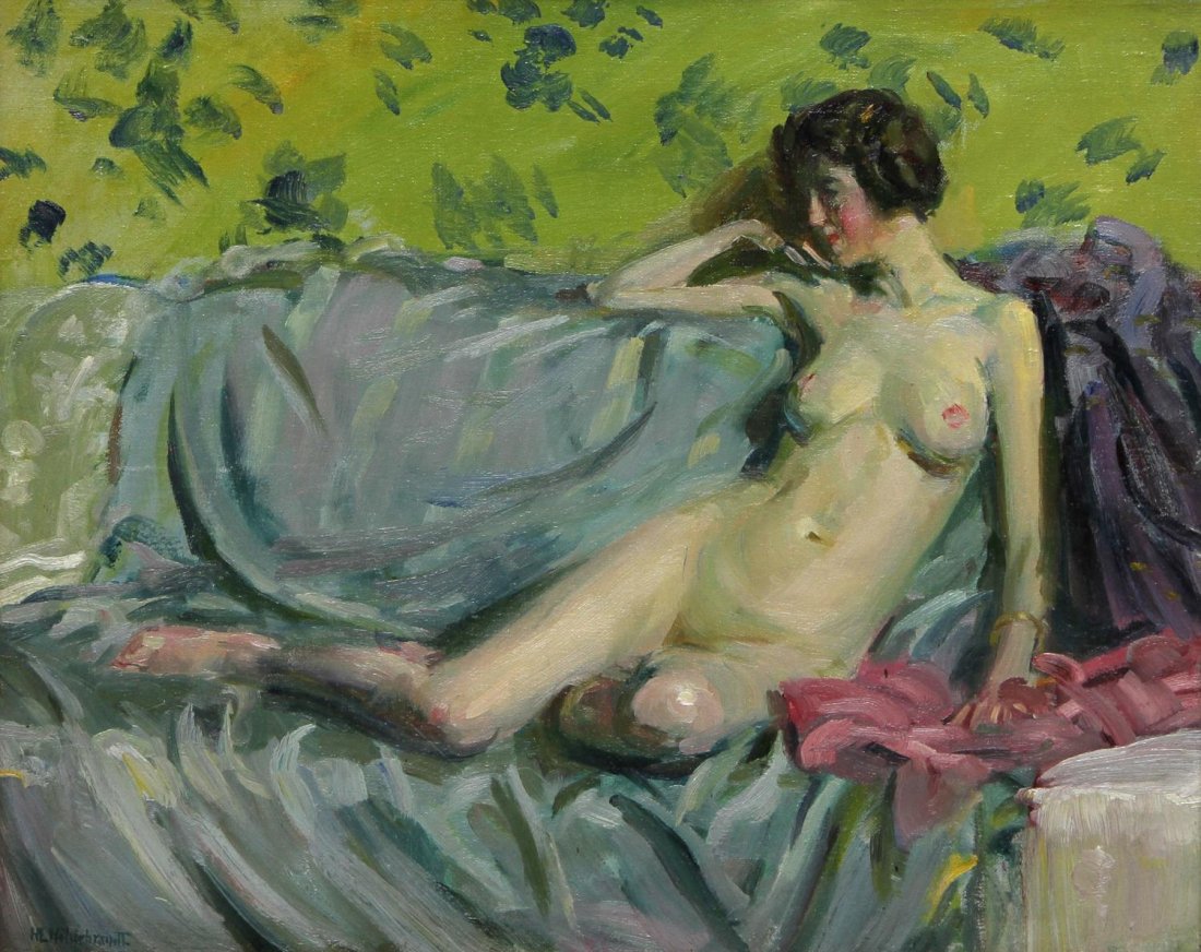 HOWARD L. HILDEBRANDT (1872-1958) NUDE FEMALE: Framed oil painting on canvas, Reclining Nude Female, signed lower left H.L. Hildebrandt (Howard Logan Hildebrandt, Pennsylvania, 1872-1958), sight: 15.5"h, 19.5"w, overall: 20.75"h, 24.75"w, 4lbs Sta