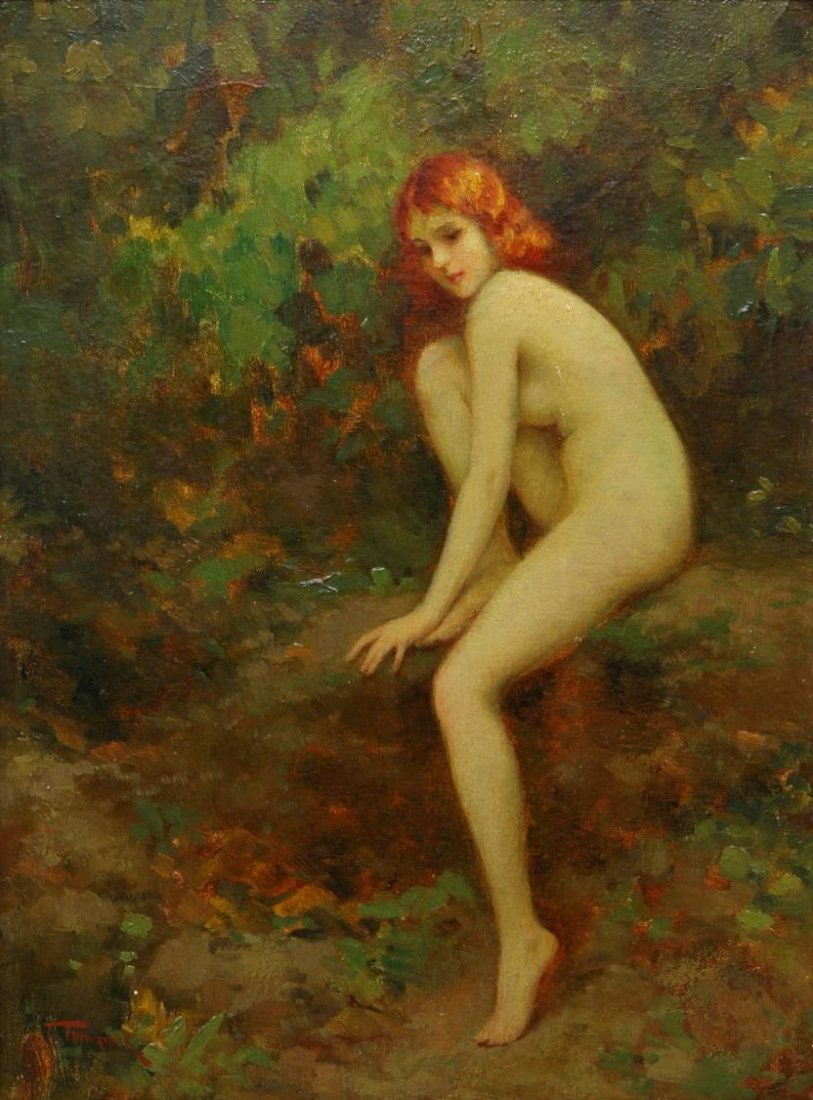 JOSEPH TOMANEK (1889-1974), NUDE PAINTING: Framed oil painting on art board, Nude in Forest, signed lower left J. Tomanek (Joseph Tomanek, Czechoslovakia, Chicago, 1889-1974), sight: 15.5"h, 11.25"w, overall: 19.5"h, 15.5"w, 3.25lbs Start Pric