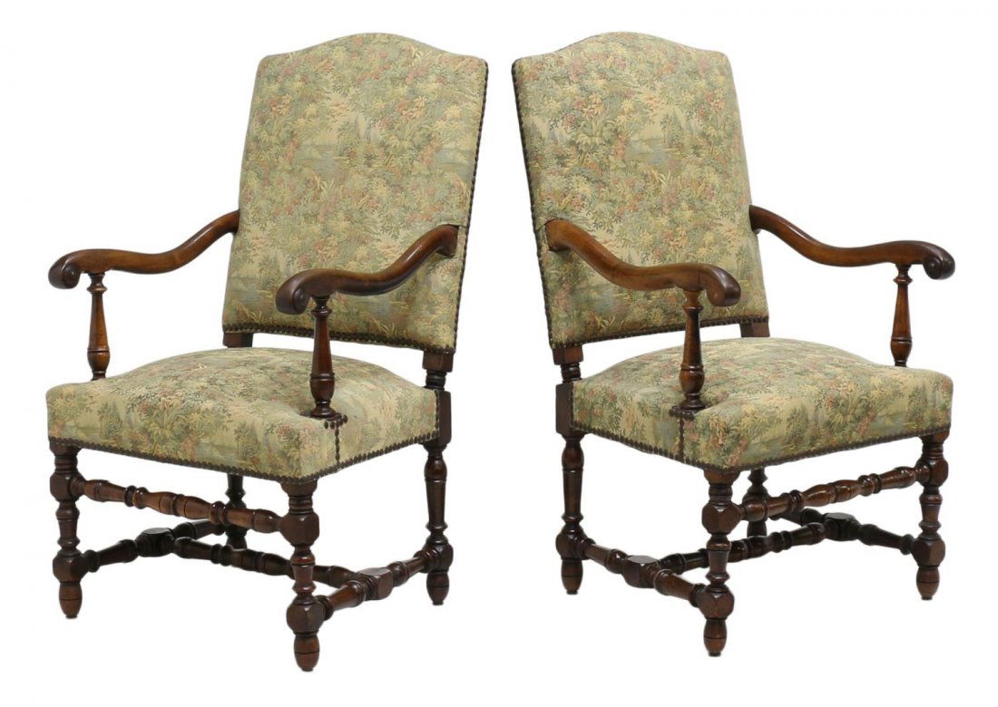 (2) LOUIS XIII TAPESTRY HIGHBACK ARM CHAIRS (1 of 3)