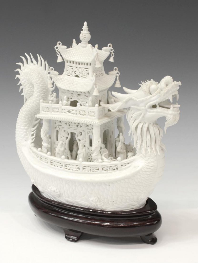 CHINESE WHITE BISQUE PORCELAIN DRAGON BOAT (1 of 9)