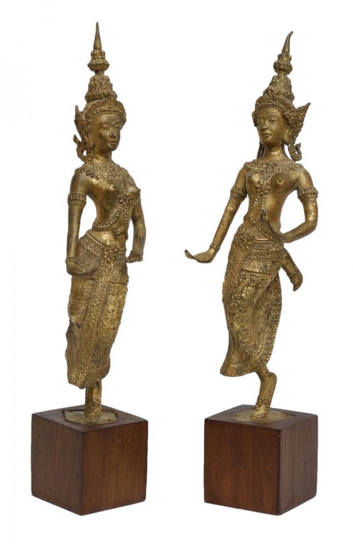 (2) THAI GILT METAL DANCERS ON WOOD BASE (1 of 3)