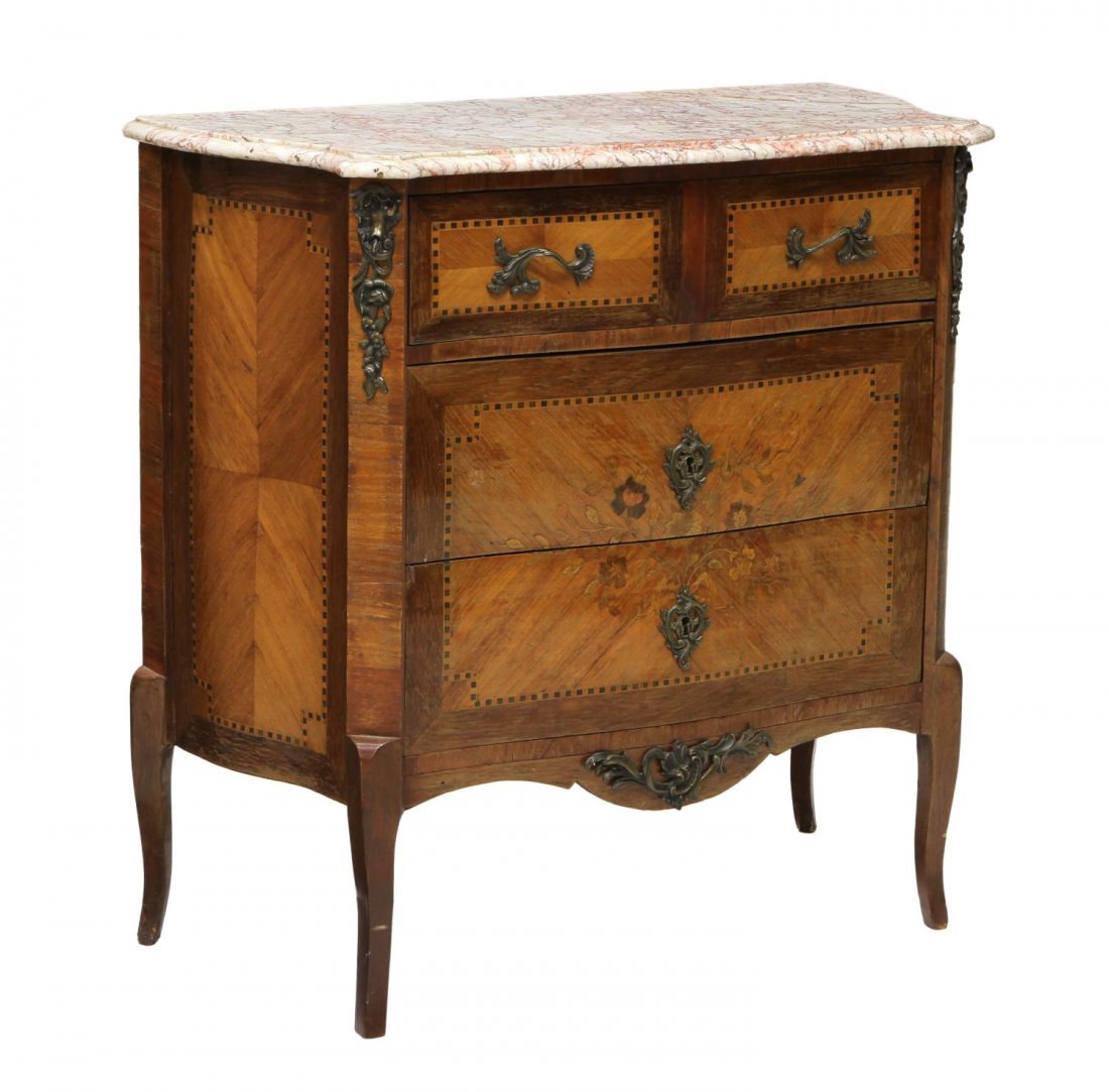 LOUIS XV STYLE MARBLE TOP COMMODE: Louis XV style commode, early 20th c., a marble top over three drawers, the upper drawer divided at the interior, rising on cabriole legs, Buenos Aires retailer tag at back, repair to marble, 33.5"h, 