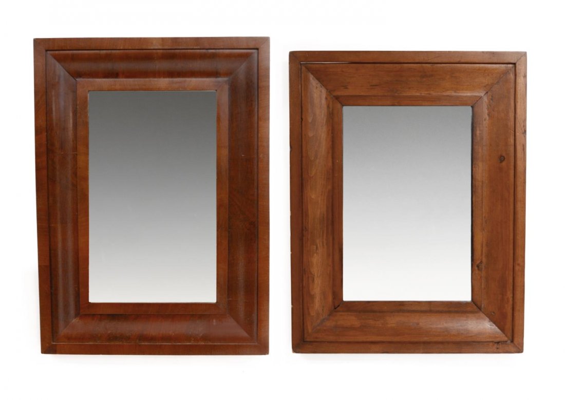 (2) ANTIQUE MIRRORS, MAHOGANY & PINE FRAMES: (lot of 2) Antique mirrors, late 19th c.; (1) mahogany framed with ogee moulding, 28.75"h, 21"w; (1) pine framed, 27.25"h, 21.25"w Start Price: $80.00