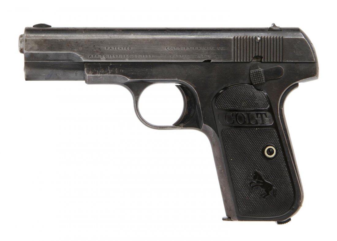 COLT MODEL 1903 HAMMERLESS .32 POCKET PISTOL: Colt Model 1903 Hammerless pistol, .32 ACP caliber, 3.5" barrel, marked at left slide "Patented, Colt's Pt. F.A. Mfg Co., Apr 20, 1897, Dec. 22, 1903, Hartford, Ct., USA and back of slide with rampant