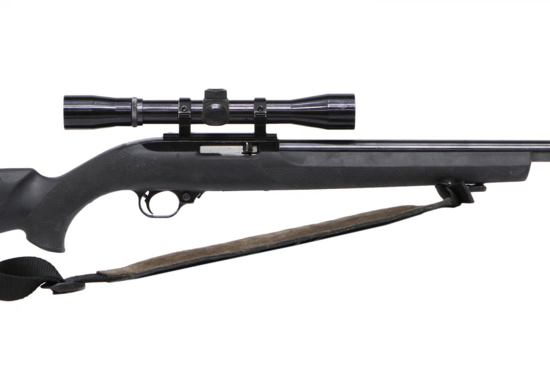RUGER 10/22 SEMI-AUTOMATIC CARBINE & SCOPE: Ruger Model 10/22 Carbine, .22LR caliber, 10 round rotary magazine, Midway Heavey Match 18.5" barrel with muzzle break, black synthetic stock, black cloth sling, mounted Bushnell Sportview 4x32 scope,