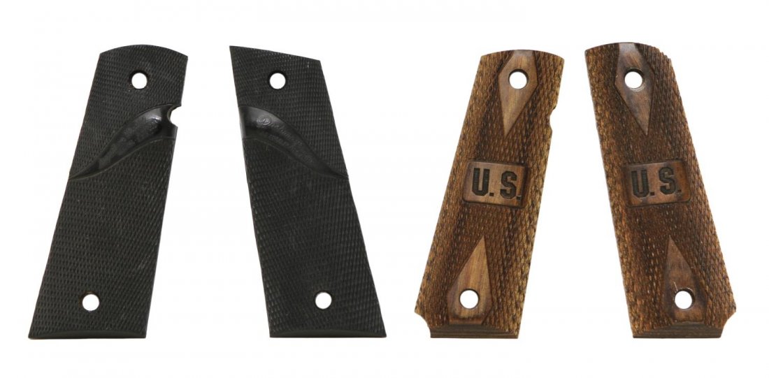 (2 PAIR) SPRINGFIELD 1911 U.S. WOOD GRIPS & OTHER: (lot of 2 pair) Springfield 1911 pistol grips: (1 pair) U.S. wood checkered; (1 pair) hard rubber by Signature Model Start Price: $40.00