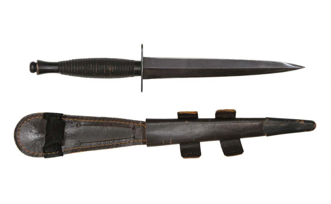 FAIRBAIRN-SYKES COMMANDO STYLE KNIFE, A. WRIGHT: British Fairbairn-Sykes style postwar commando double edge fighting knife, A. Wright and Son Ltd, Sheffield, England (Arthur Wright, established 1947), signed at guard, blade: 7"l, overall: 11.75"l, w