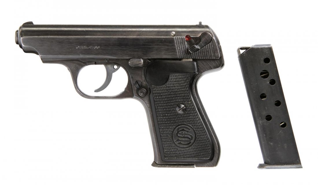 SAUER & SOHN NAZI POLICE PISTOL: Sauer & Sohn Model 38H Police double action pistol, 7.65 caliber, 3.27" barrel, left slide barked "Cal. 7.65", Nazi eagle over N proof marks at right slide, right frame and barrel, Nazi eagle over swa