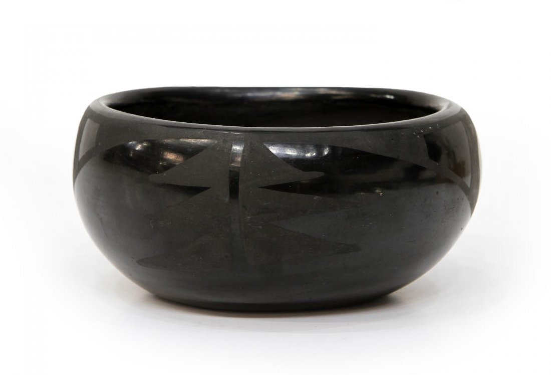 ADAM & SANTANA MARTINEZ BLACK ON BLACK BOWL: San Ildefonso Pueblo, New Mexico, black decoration on black pottery bowl, signed at under side Santana / Adam (Adam Martinez, son of Maria Martinez, 1901-2000), his wife Santana Martinez (1909-2002),