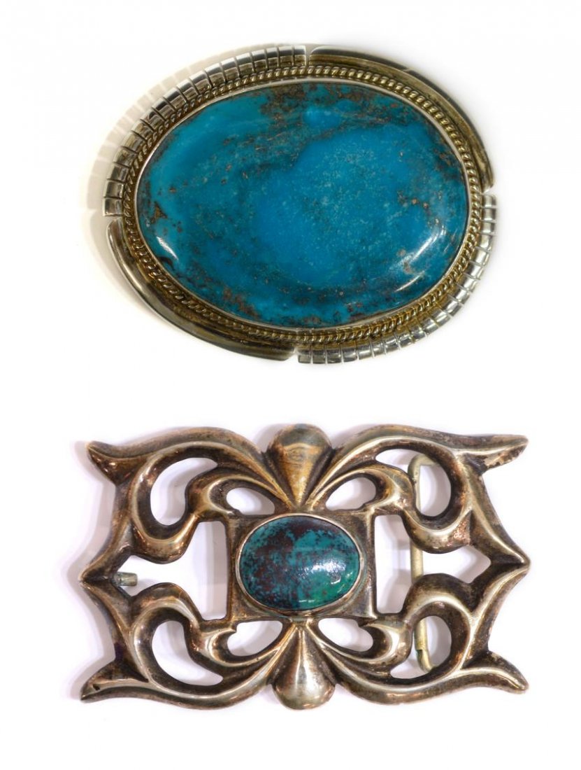 (2) NATIVE AMERICAN STERLING & TURQUOISE BUCKLES: (lot of 2) Native American sterling silver and turquoise belt buckles: (1) Navajo buckle, Randy Hoskie, New Mexico, having large and fine turquoise oval, set in a sterling frame, approx 2.5"h, 3"l; (1